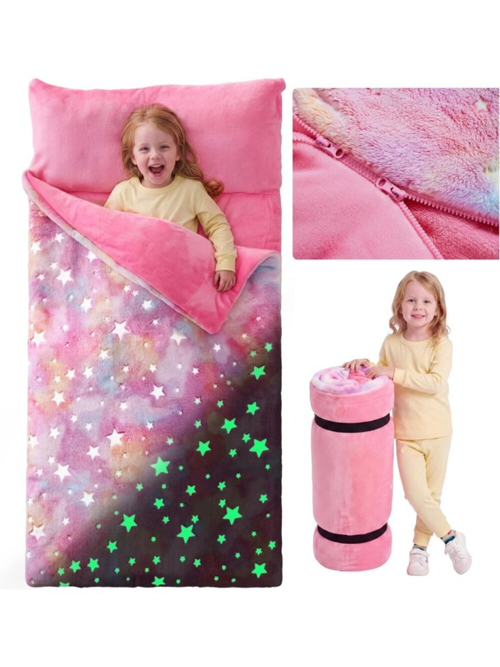 Cozy Glow in the Dark Toddler Sleeping Bag & Pillow - Soft Flannel Nap Mat